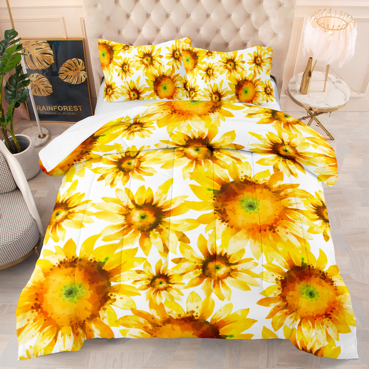 BBSET 2 Pcs Watercolor Sunflower Comforter Set Queen, Different Sizes Yellow Sunflowers Pattern