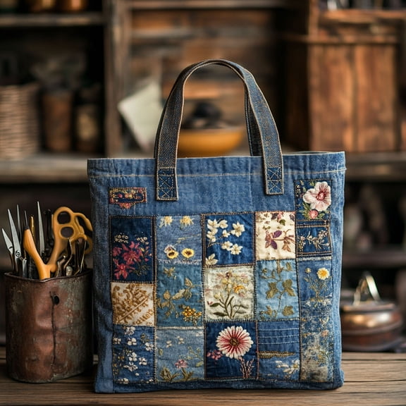 Quilted Tote Bag, Denim Blossom, Quilted Shoulder Bag, Gift for Her, Everyday Bag, Reusable Market Tote