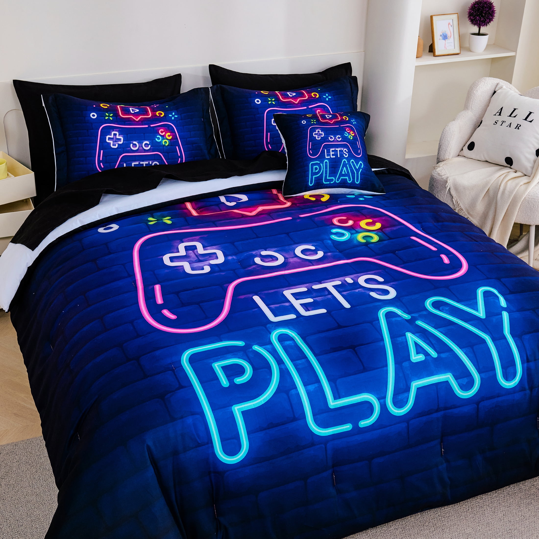 Koniroom 6 Pieces Neon Gamer Comforter Set Twin Size for Boys, Kids Bedroom Decor Soft Gaming Bedding, Video Game Controller Design Bed Set, Black Purple