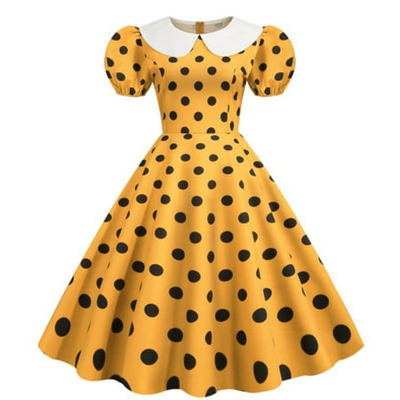 

Sweater Dress for Women Sexy Dresses for Women Fashion Womens A-Line Flare Vintage Dress Prom Swing Short Puff Sleeve Polka Dot Printed Party Dress Sundresses for Women on Clearance Yellow XL