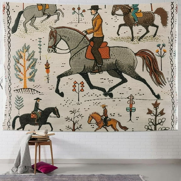 Autua Horse Rider Folk Art Tapestry Wall Hanging Unique Style Graphic Tapestries for Home Wall Decor Living Room Bedroom Farmhouse Dorm 40x30inch