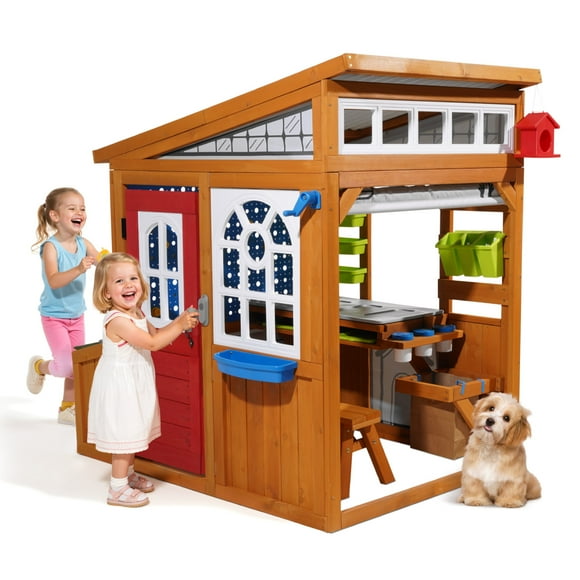 VEVOR Outdoor Playhouse, Cedar Wooden Kids Playhouse with Bird Nest, Doorbell, Trash Bin, Gravity Wall Set, Storage Pocket, Windowsill, Wooden Kids Cottage for Aged 3 to 10, Rounded Corners