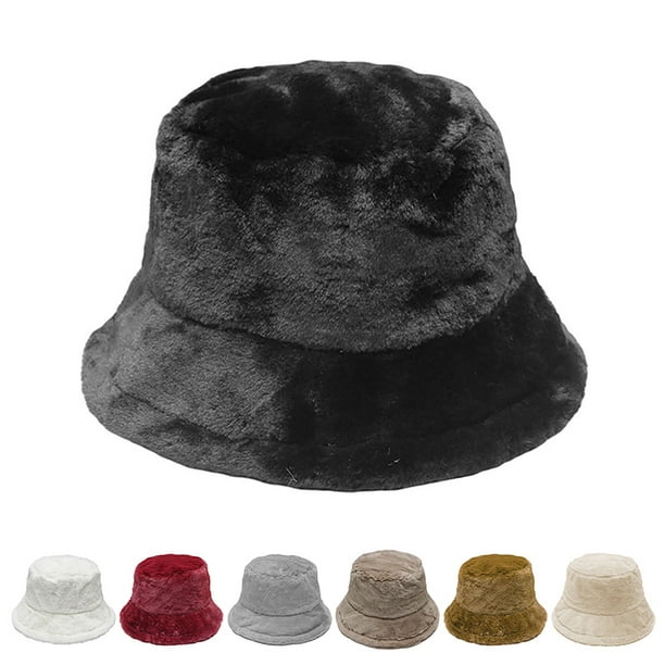 Bangcool Winter Bucket Hat Vintage Warm Thick Fluffy Bucket Cap Fisherman Hat For Women Black