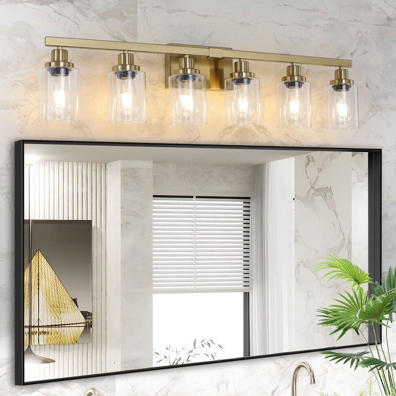 37" Gold 6-Light Bathroom Vanity Light Fixture, Modern Wall Sconce with Clear Glass Shades, Bathroom Light Fixtures Over Mirror for Vanity, Dressing Table, Hallway (Bulbs Not Included)
