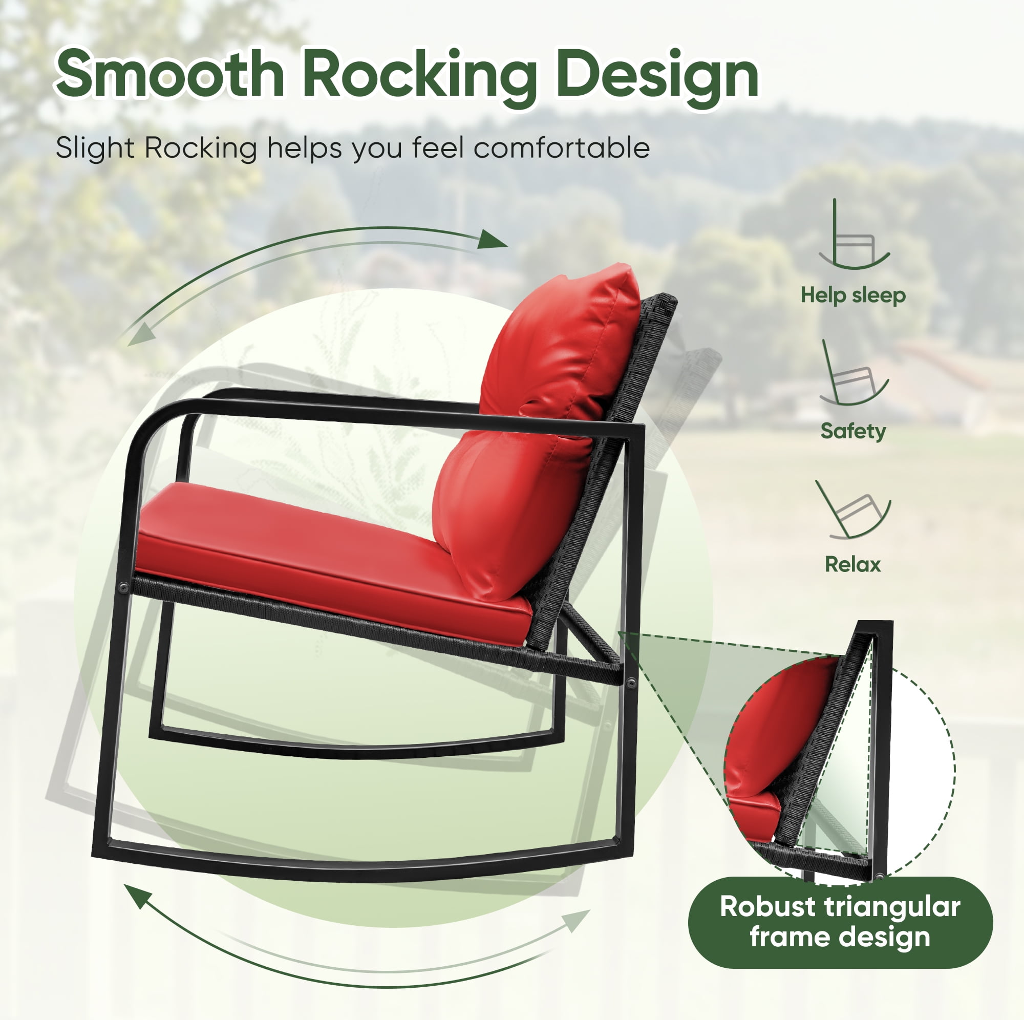 Devoko 3 Pieces Rocking Patio Furniture Sets Outdoor Rocking Chair PE Rattan Bistro Rocker Conversation Sets with Coffee Table for Garden, Red