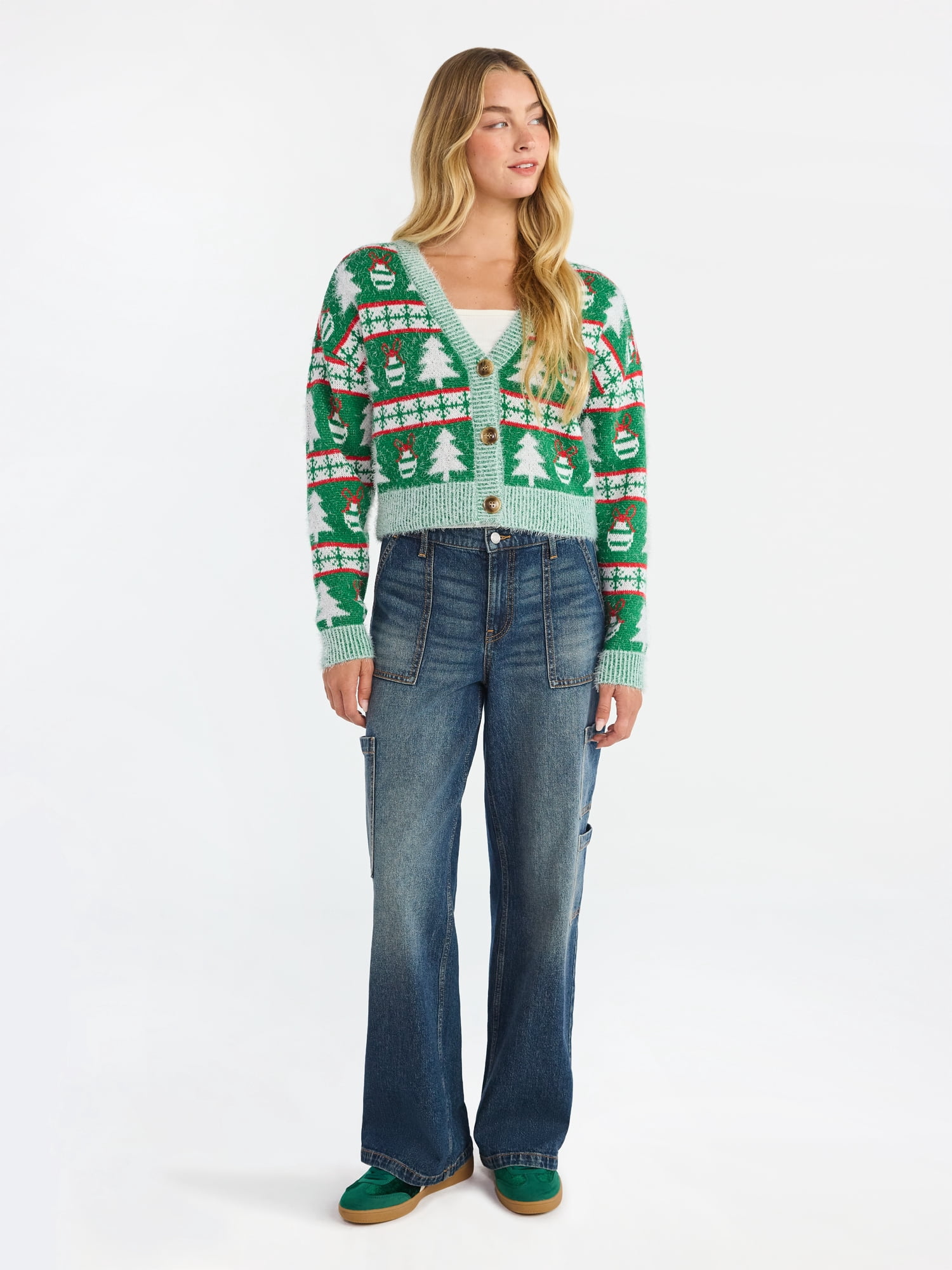 No Boundaries Embroidered Christmas Cardigan, Women's & Women's Plus