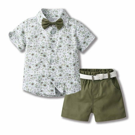 

Lilgiuy Newborn Boys Seaside Outfit Summer Children s Wear Boy s Short-sleeved Lapel Shirt Shorts Suit With Belt Tie Clearance