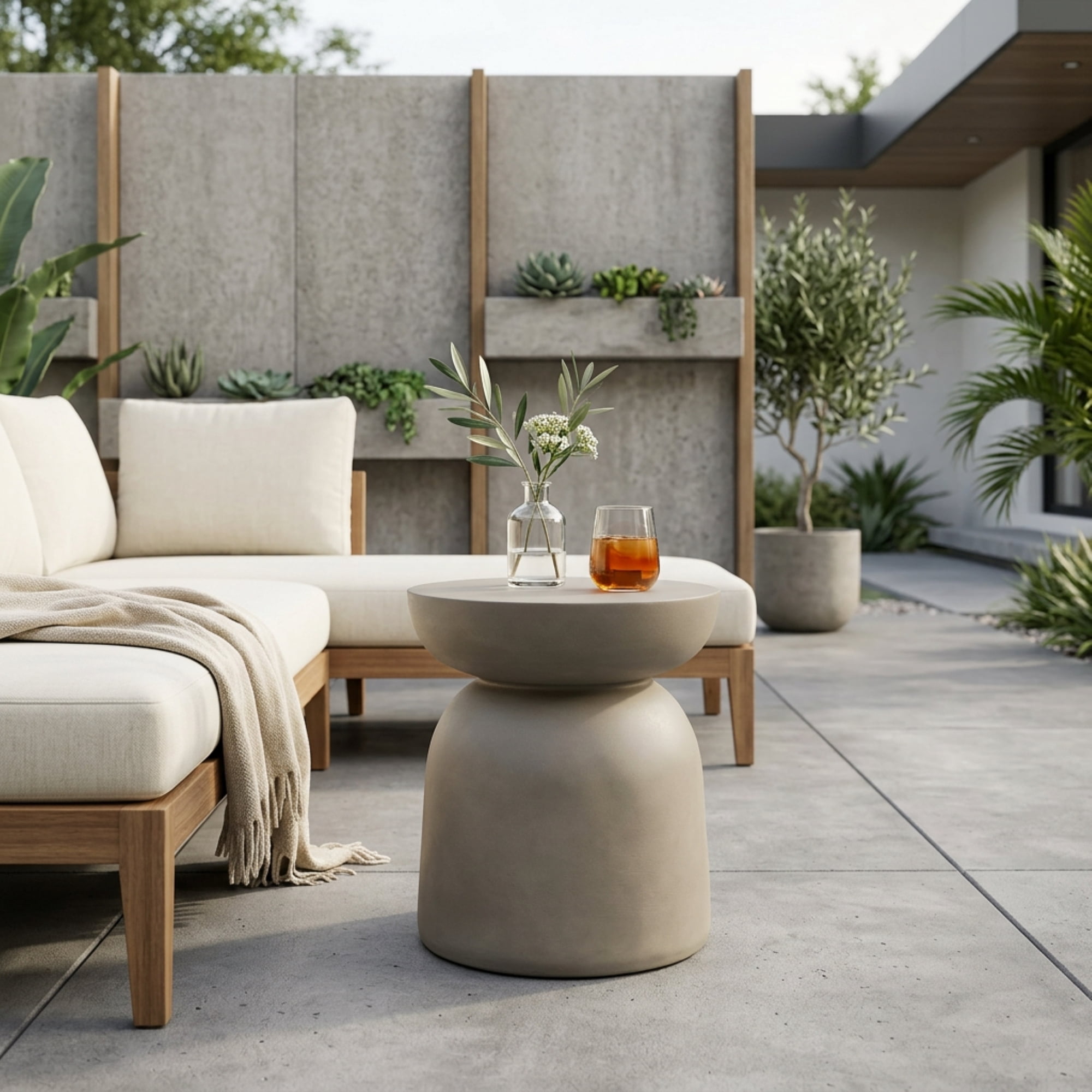 Euroco Outdoor LightWeight Concrete Side Table,Round Top MGO End Table for Patio,Garden, Living Room,Light Grey