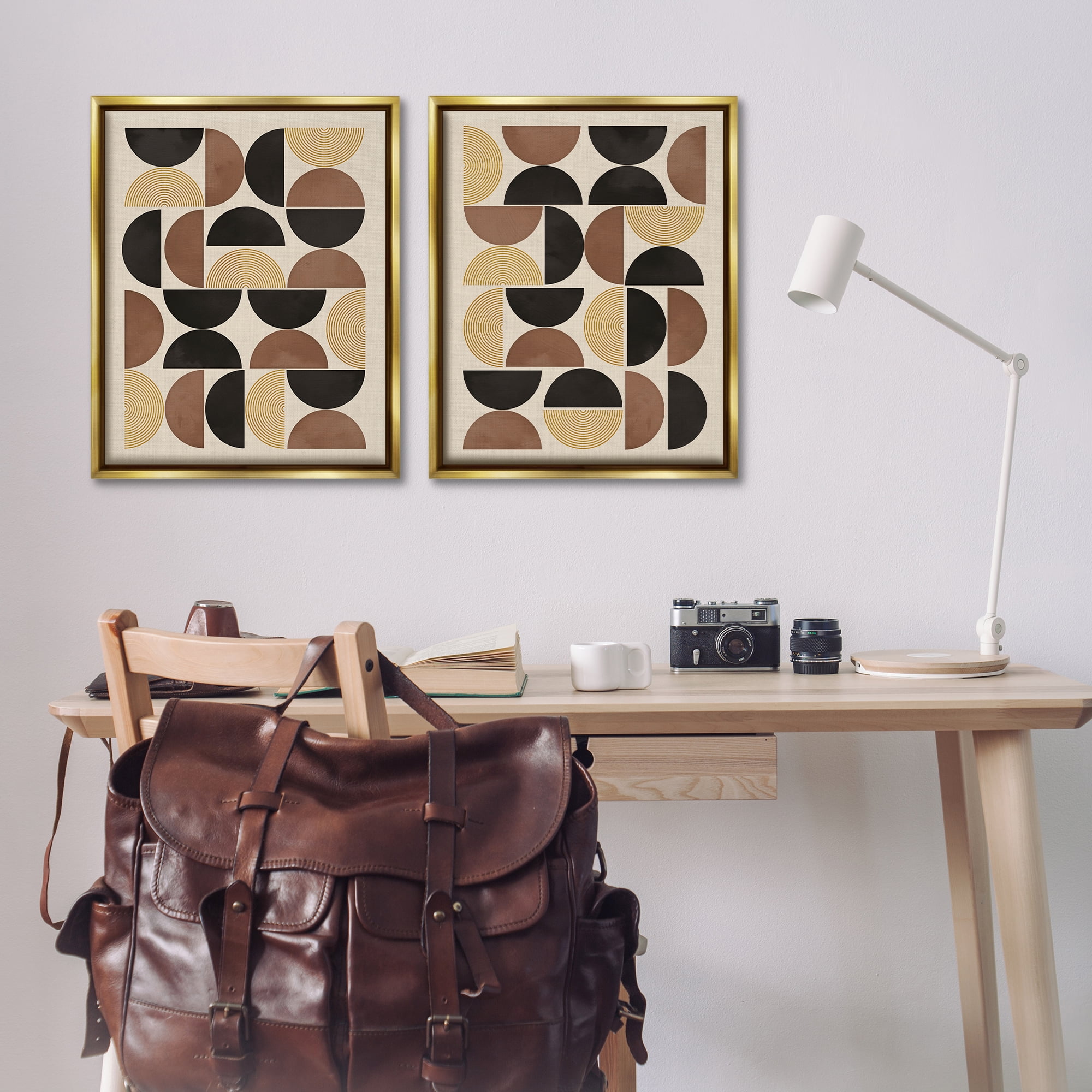Stupell Industries Midcentury Geometric Semicircles Abstract Painting Gold Floater Framed Canvas Art Print Wall Art, 31 x 25, Set of 2