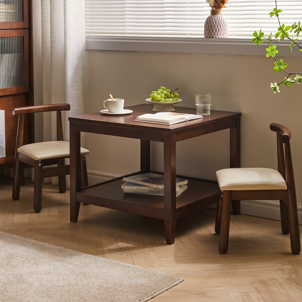 20" Walnut Solid Wood End Table, 2-Tier Square Side Table with Storage Shelf, Wooden Nightstand, Small Coffee Table for Living Room, Bedroom, Office