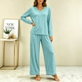 thumbnail image 6 of Women's V-Neck Loungewear Two Piece Set Loose Long Sleeve Top and Straight Leg Full Length Pants Soft Breathable Casual Pajama Set Mint Green, 6 of 7