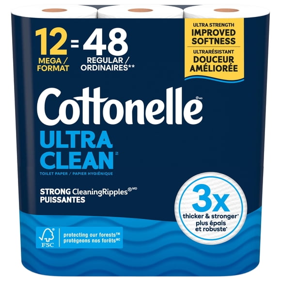 Cottonelle Ultra Clean Toilet Paper, Strong Toilet Tissue, 12 Mega Rolls (12 Mega Rolls = 48 Regular Rolls), 284 Sheets Per Roll