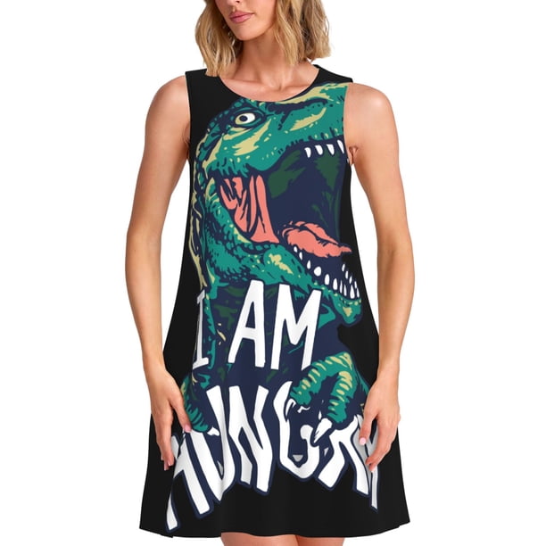 Easygdp Hungry Tyrannosaurus para Vestido Transpirable de Mujer, Vestido Suelto de Manga Corta con Pliegues y Bolsillos para el Verano