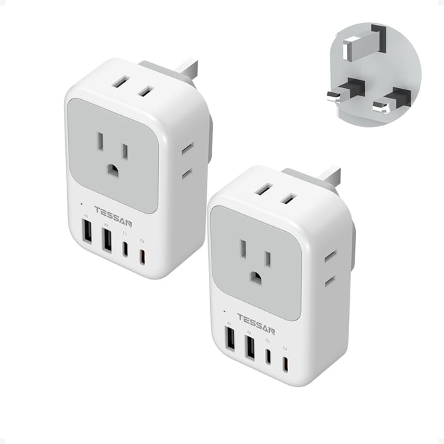 Adaptador de viaje TESSAN PD 20W de EE. UU. a Reino Unido con 4 tomas de CA y 4 puertos USB