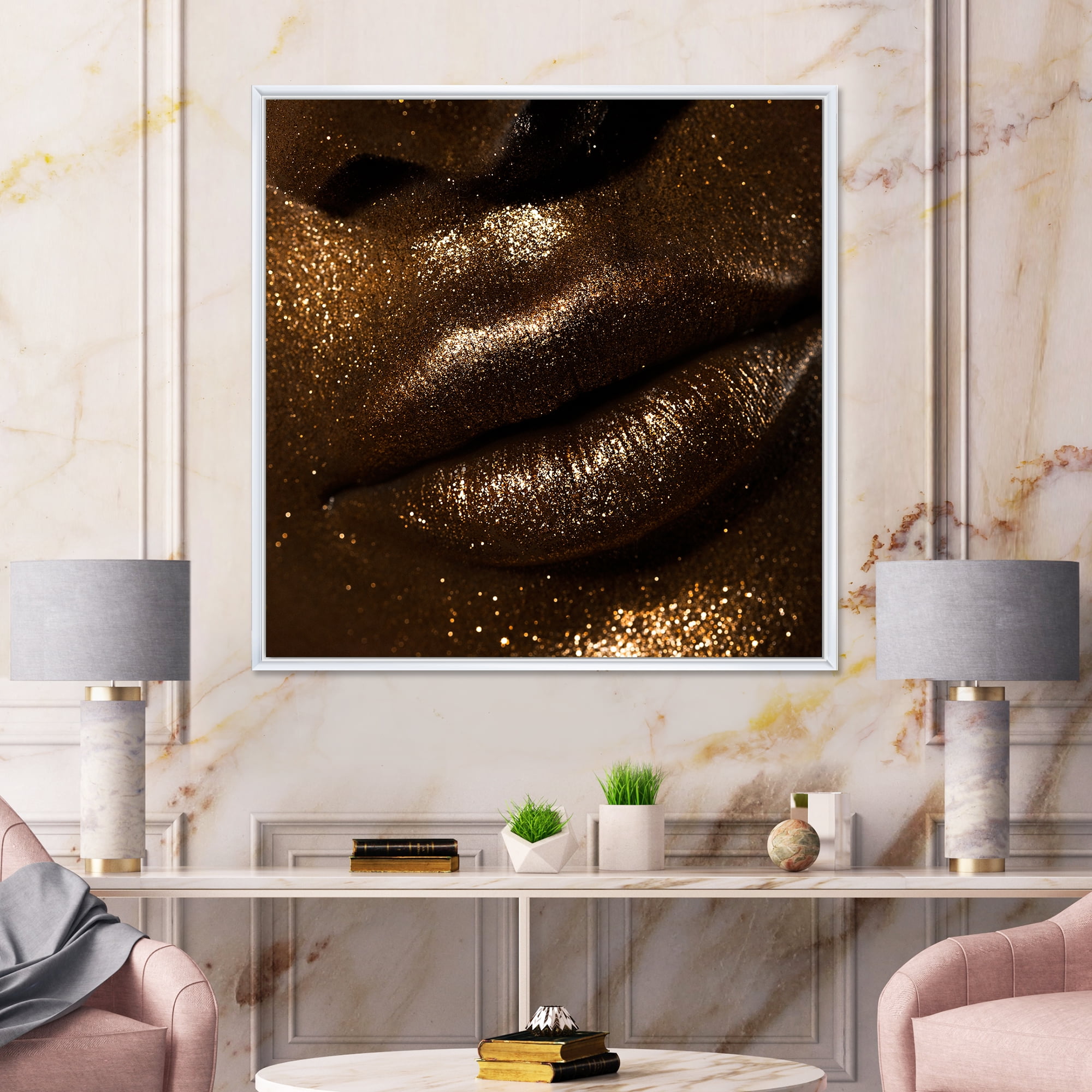 Designart 'Girl Lips With Glitter and Spangle' Modern Framed Canvas Wall Art Print