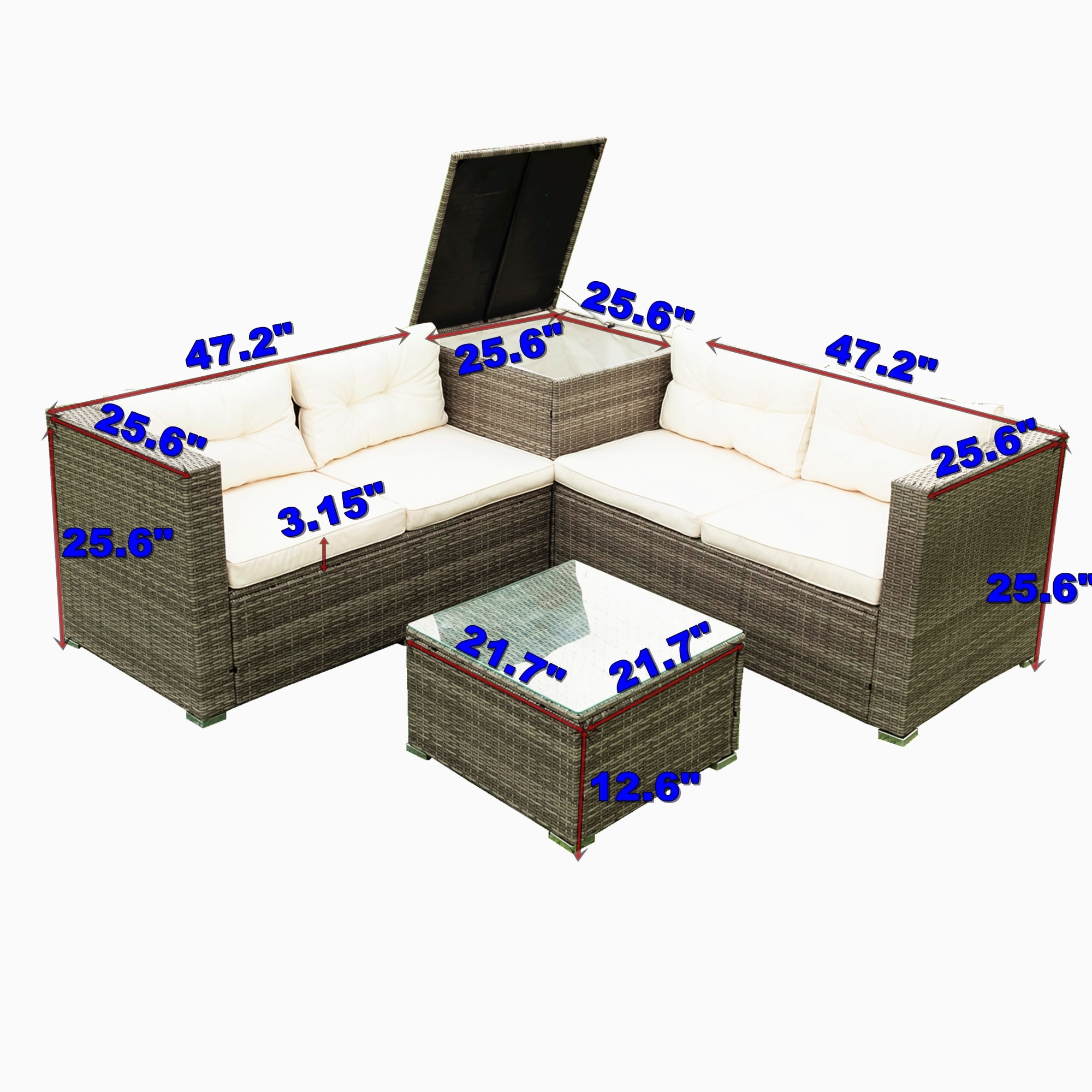 4 Piece Wicker Patio Sofa Set, PE Rattan Outdoor Sectional Sofa Set with Loveseat, Coffee Table and Storage Box, Outdoor Furniture Patio Conversation Sets for Garden Deck Porch Backyard, JA2349