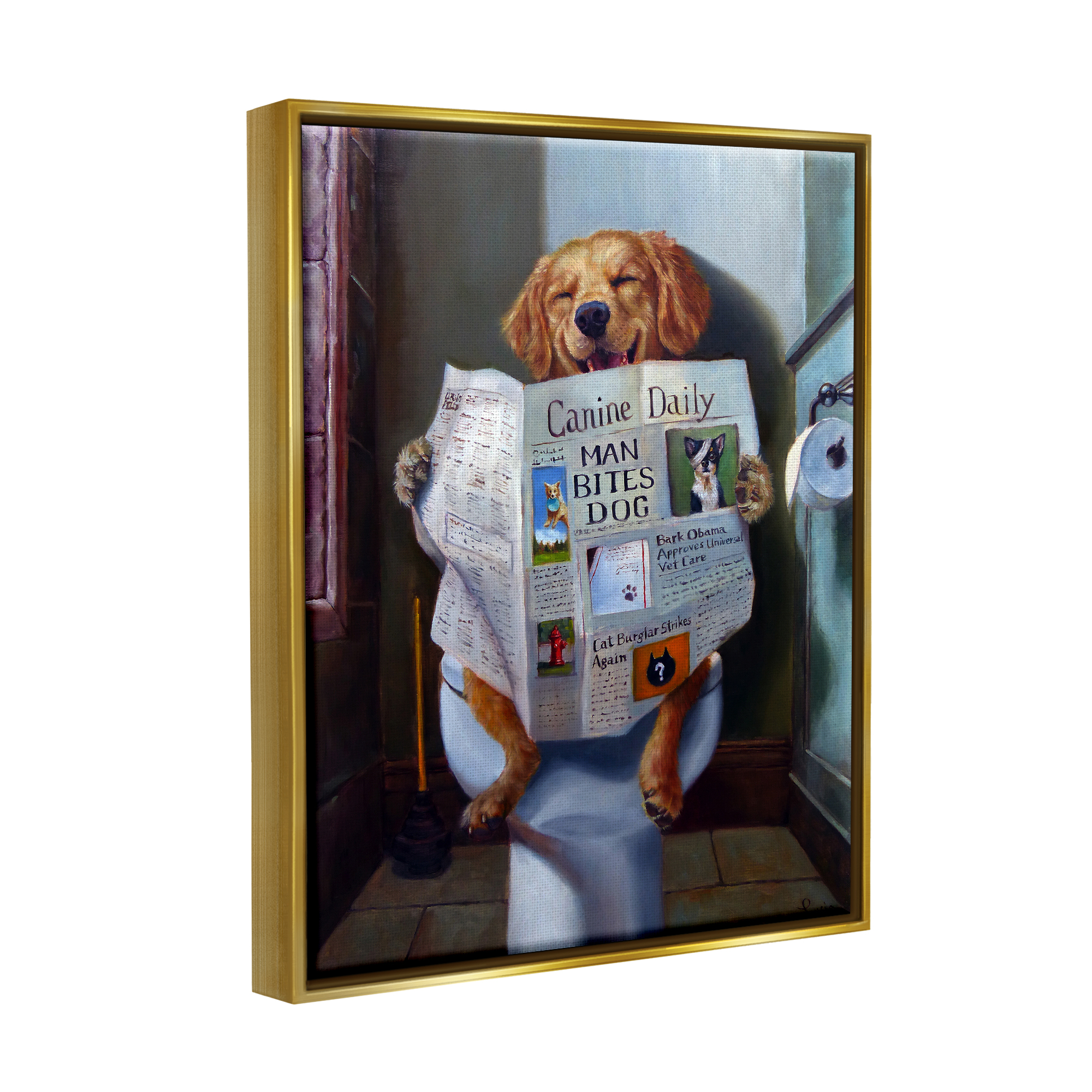 Stupell Industries Dog Reading the Newspaper On Toilet Funny Painting Metallic Gold Framed Floating Canvas Wall Art, 24x30, by Lucia Heffernan