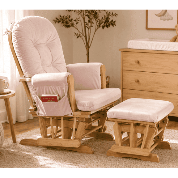 Suite Bebe Mason Wooden Glider & Ottoman in Poetic Natural Wood Finish and Pink Fabric