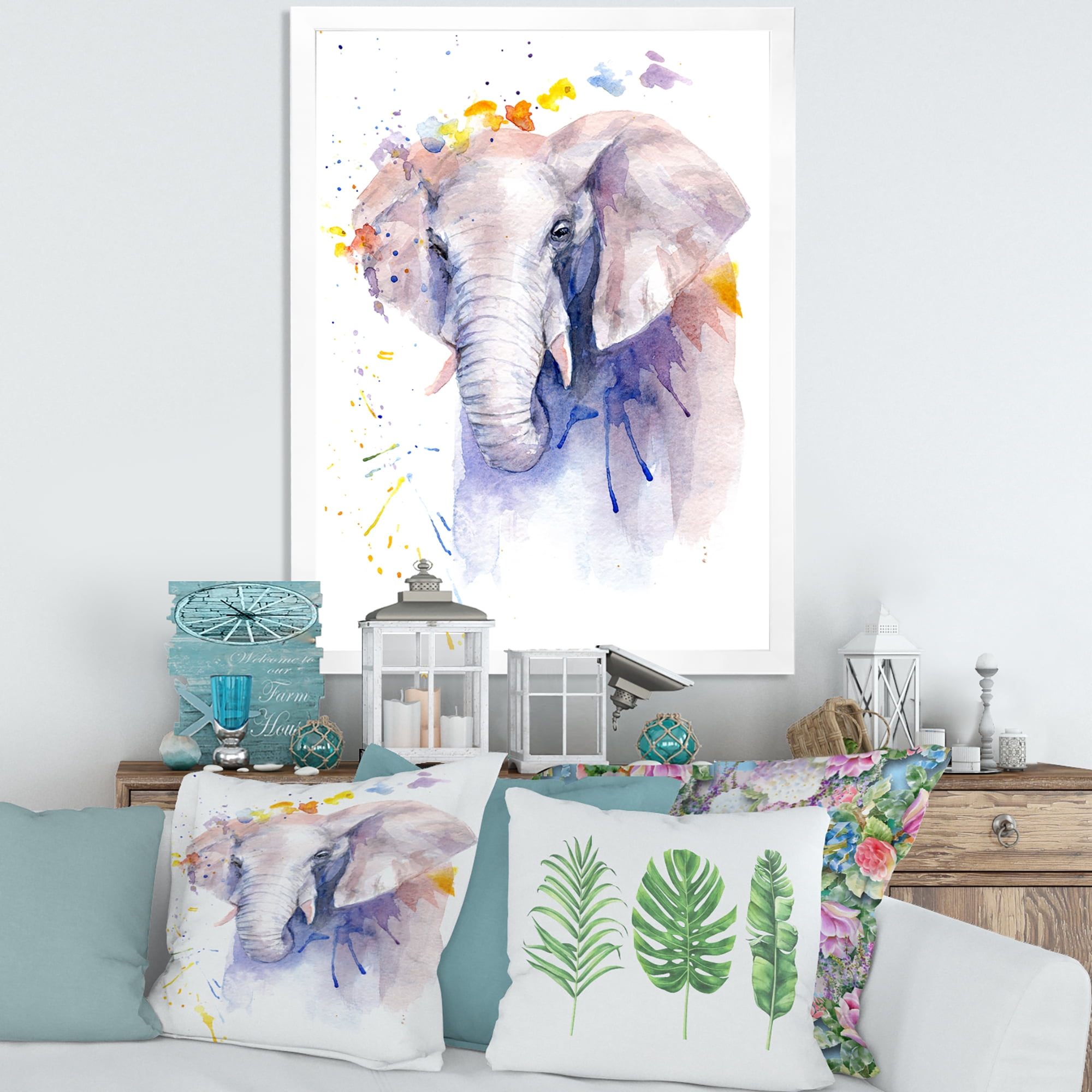 Designart 'Portrait of An Elephant Yellow and Blue Strokes' Farmhouse Framed Art Print