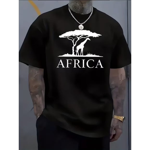 Men'S White Short Sleeve T-Shirt with "AFRICA" Text and Giraffe, Acacia Tree Print | Casual Style, Regular Fit, Crew Neck, Slight Stretch Fabric