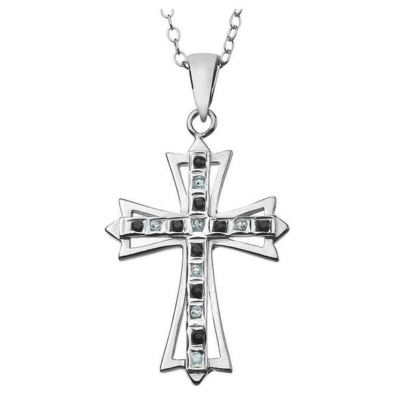 Blue Sapphire Cross Pendant Necklace in Platinum Plated Sterling Silver with Chain for Women