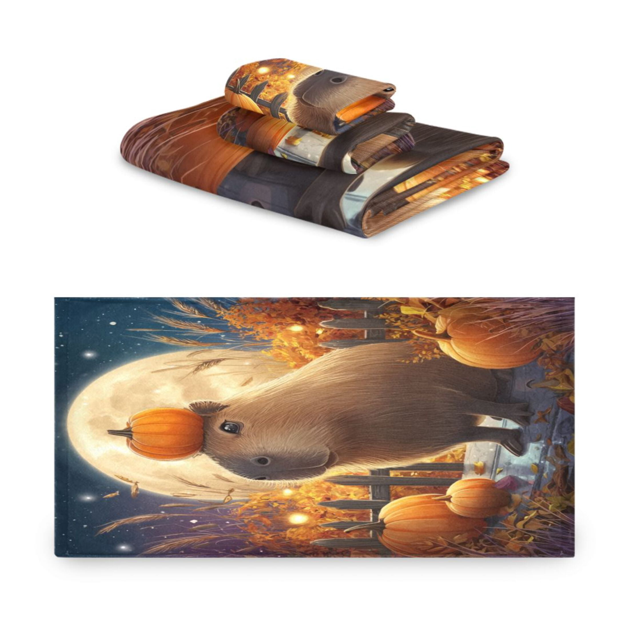 3 Piece Bath Towels Set Bath Towel, Hand Towel and Face Towel for Bathroom, Gym, Hotel Capybara with Pumpkins and Leaves