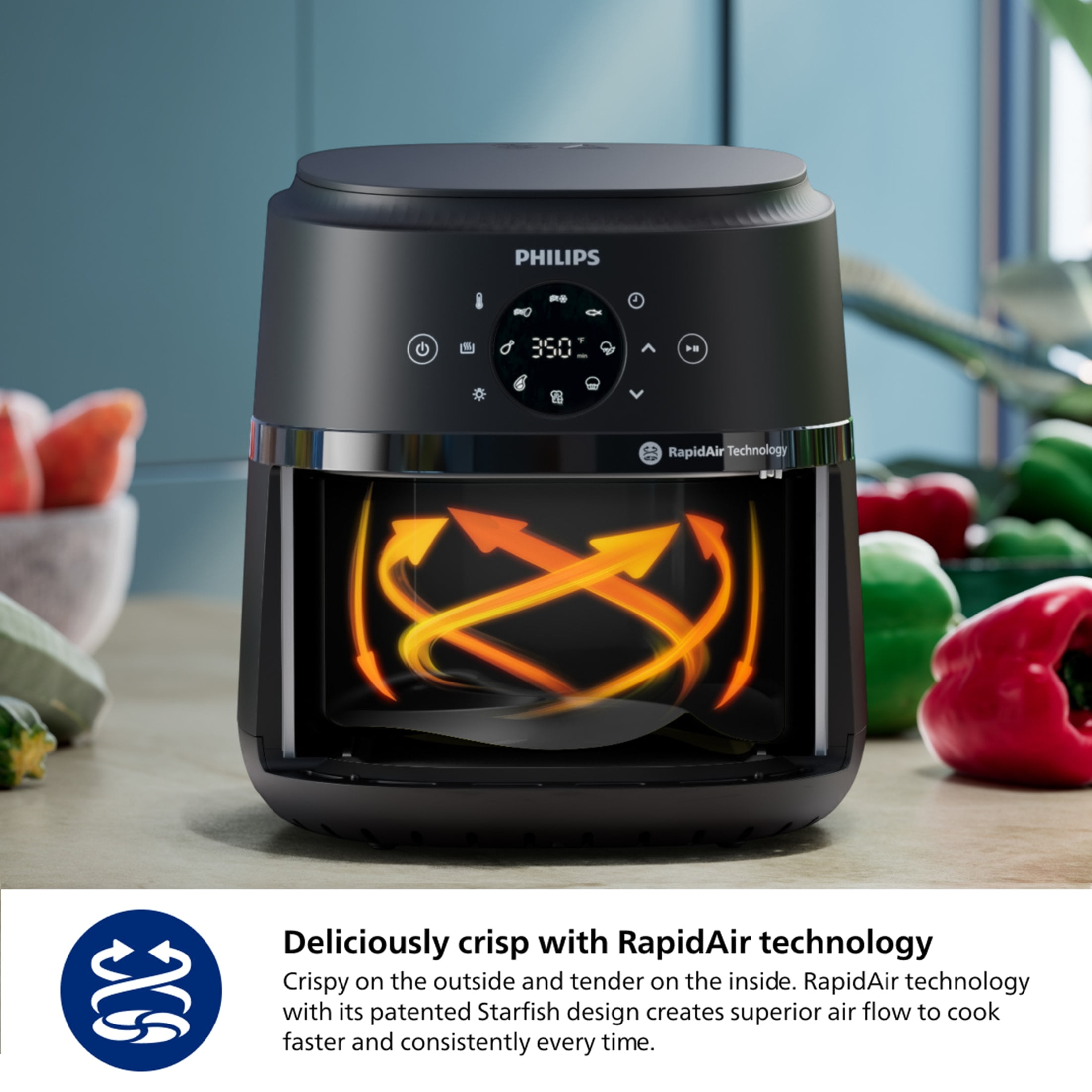 Philips 2000 Series Airfryer with Window, 4.4 Qt (4.2L) Capacity, Black, Silver Handle