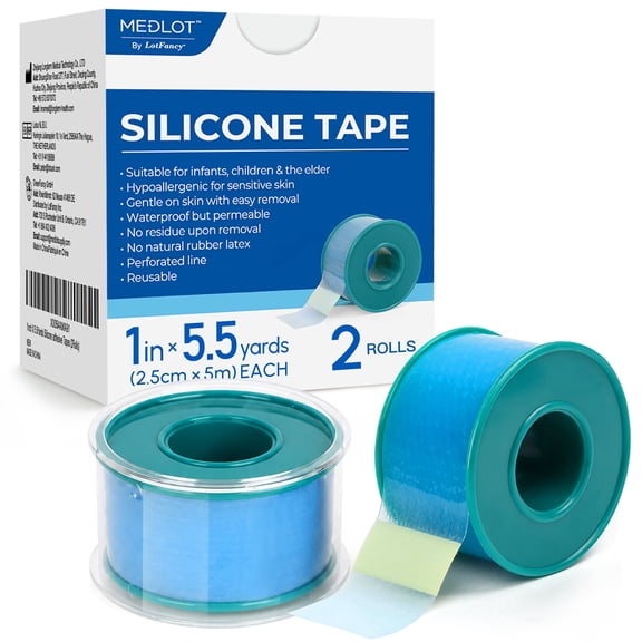 LotFancy Silicone Tape, 2Rolls 1"×5.5 Yds, Waterproof Medical Tape for Skin, Surgery First Aid Tape