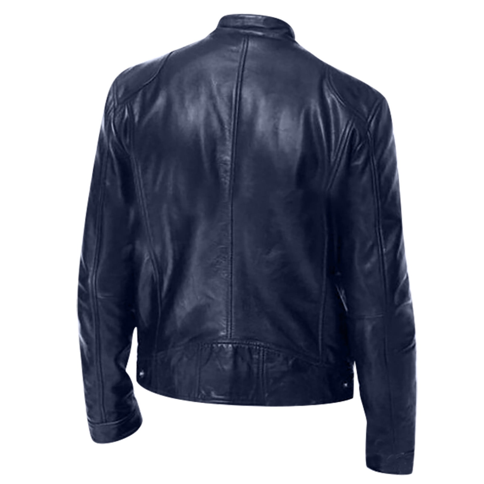Men's Leather Jacket, Solid Color Long Sleeve Slim Casual Biker Coat for Fall Winter Motorcycle Ride and Outdoor Wear,Dark Blue,S