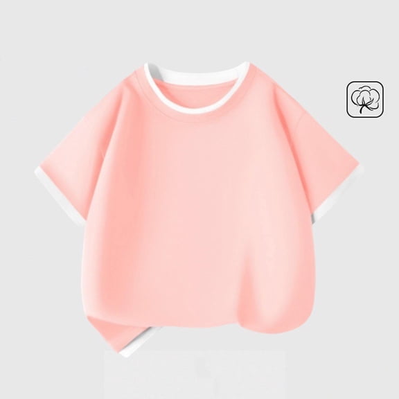 Girls Cotton T-Shirt Short Sleeve with Contrast Trim, Pink Relaxed Fit Kids Tee for Everyday & School, Basic Kids Top,Size 9-10 T