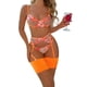 thumbnail image 1 of Conjunto de lencería para mujer, 5 uds., patrones de flores, liguero, tangas, ropa interior de empalme de malla, naranja fluorescente XXL, 1 of 8