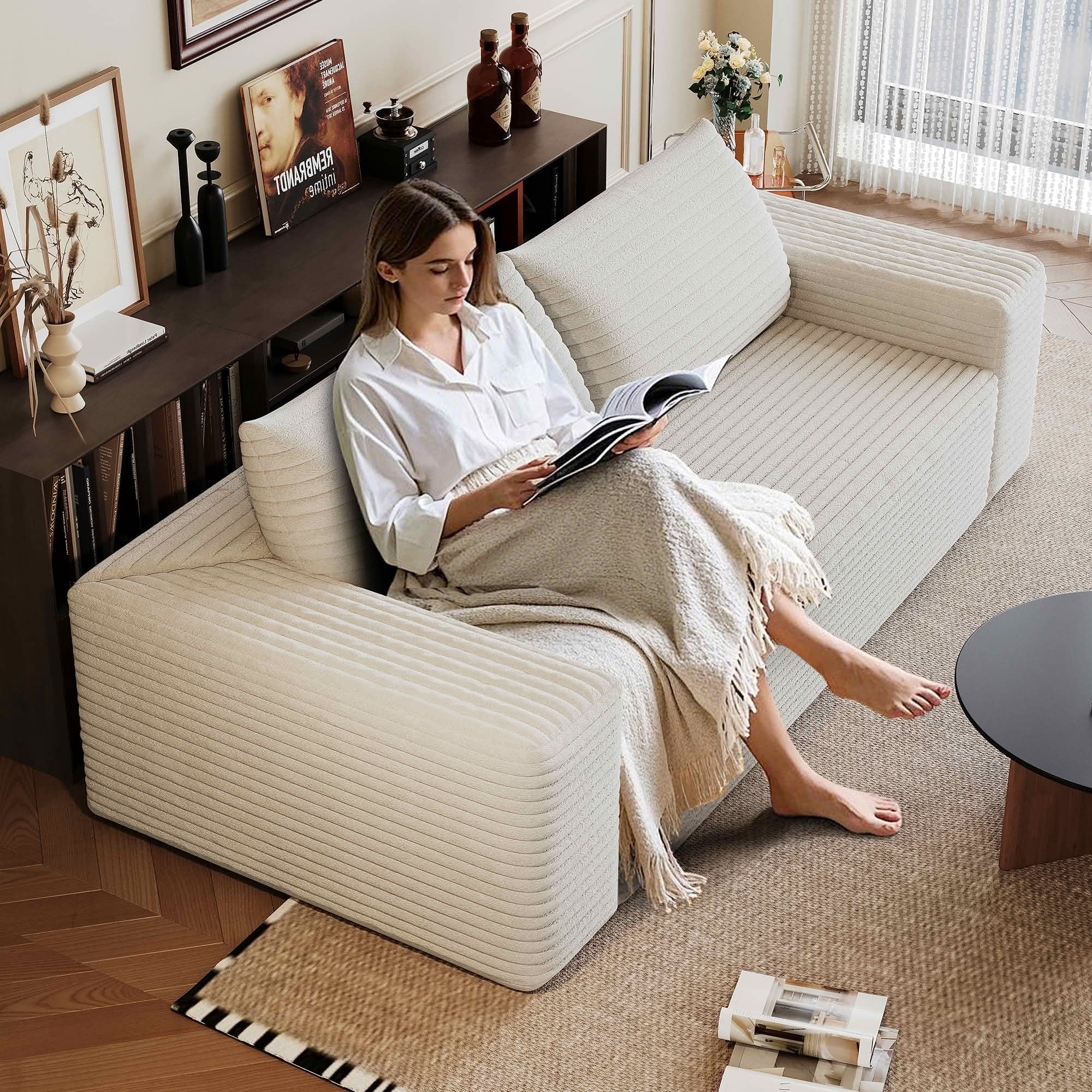MAYEERTY 71" 3Setaser White Cotton Corduroy Loveseat Sofa, Cloud-Like Soft Deep Seat Ergonomic Lounge, No Assembly – Perfect for Cozy Nights in Living Room/Bedroom