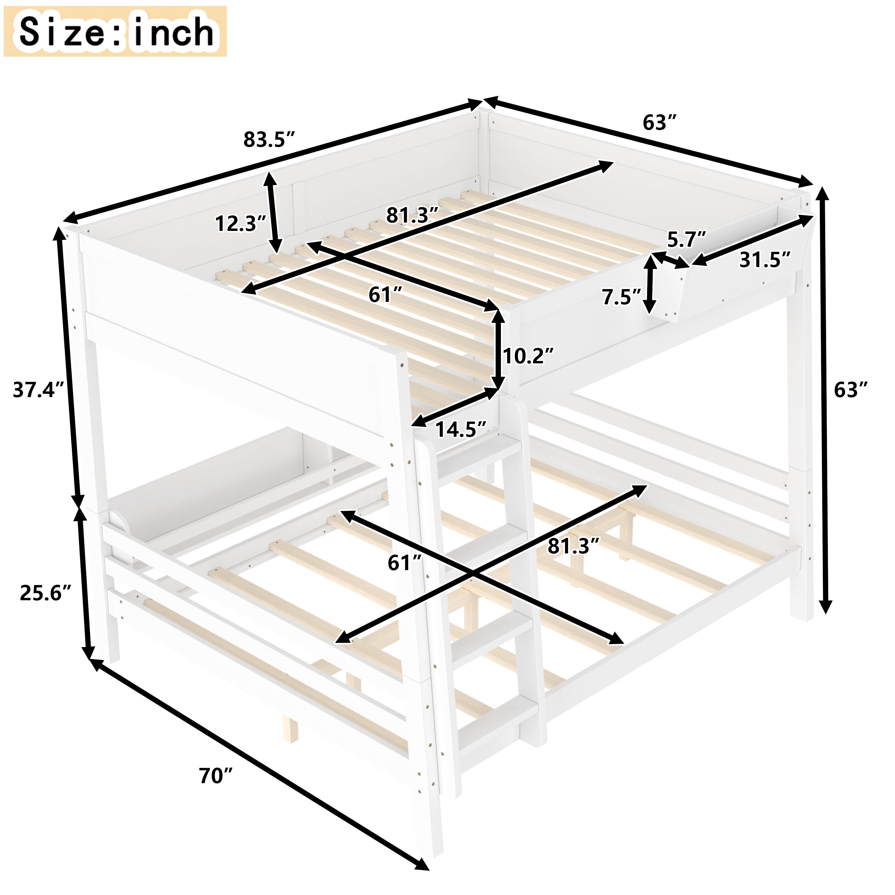 Mintazer Queen Over Queen Detachable Bunk Bed with Storage Shelf and Bookshelf, Modern Convertible Bunk Bed with Ladder and Guardrails for Bedroom Guest Room, White