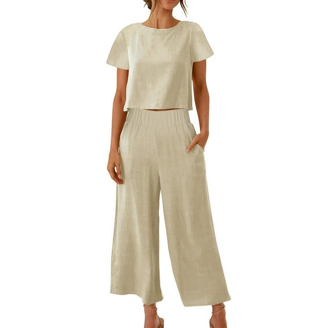 zanvin Ensembles 2 Pcs pour Femmes, Ensembles Assortis d'Été 2 Pcs pour Détente pour Femmes, Tenues Unies en Lin, Hauts à Col Rond à Manches Courtes et Pantalons Longs, Survêtements
