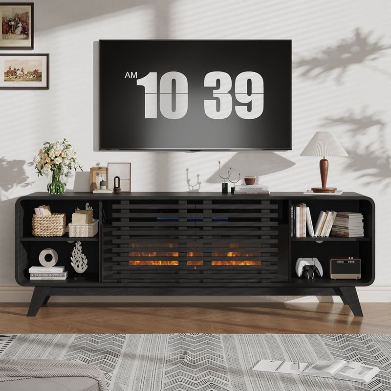 BaPiPro Mid‑Century Modern Fireplace TV Stand with 36 Inch Electric Fireplace 12‑Color RGB LED Lights Fits TVs up to 80 Inch Wood Media Console with Slatted Sliding Doors for Living Room Black
