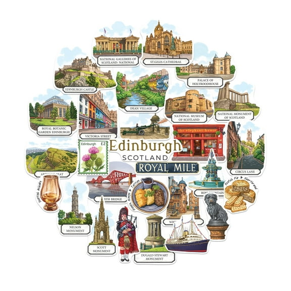Navy Peony Enchanted Edinburgh Travel Stickers (28pcs) - For Scrapbooks, Journals, Laptop
