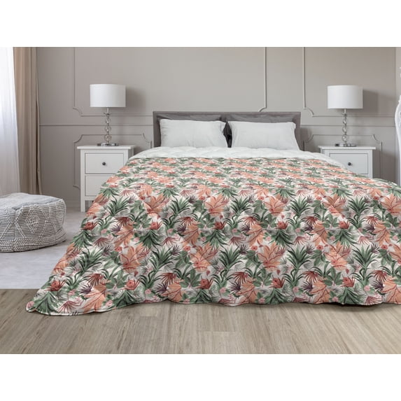 Botanical Down Alternative Comforter, Fresh Lemon Patterns with Blossoms and Branches Botanical Spring Art, Microfiber Quilt for All Season, 5 Sizes, Yellow Blue and Green, by Ambesonne