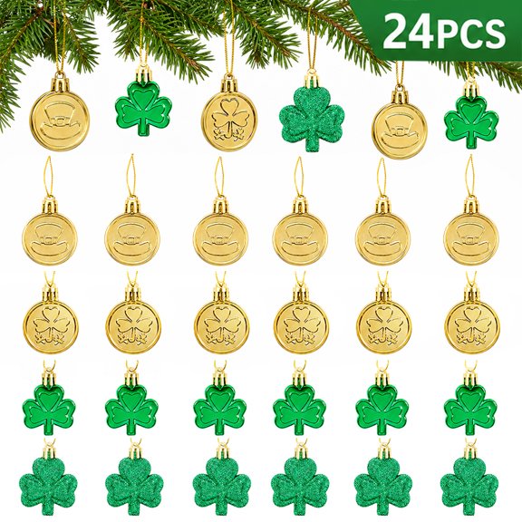 St Patricks Day Ornaments Shamrock Decorations Shamrock Ornaments for Tree Mini Green Gold Good Luck Clover Coins Hanging Irish Saint Patricks Day Party Supplies 24pcs Set 1