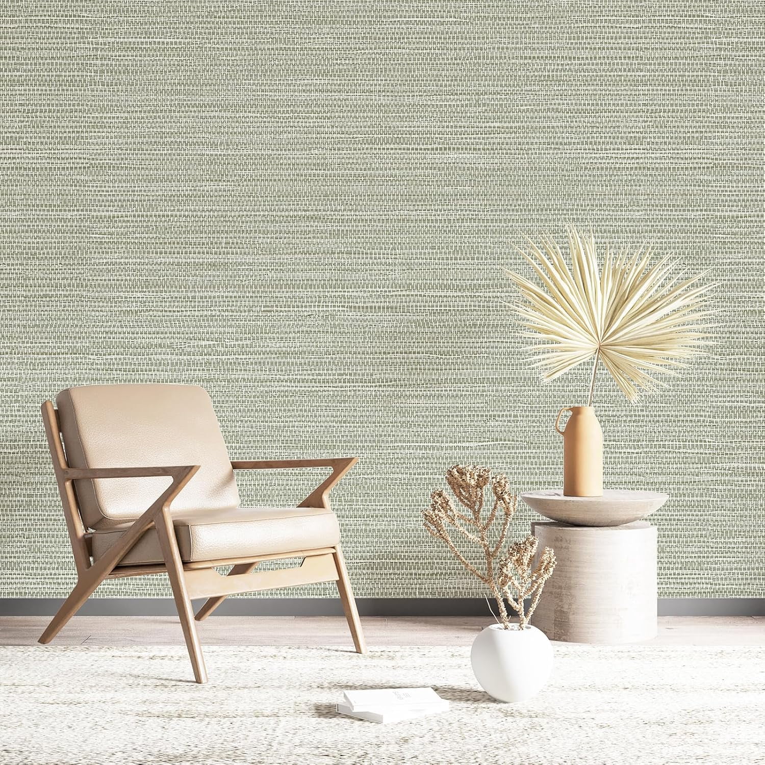 Green Textured Grasscloth Peel and Stick Wallpaper 17.7"x394" Neutral Faux Grassweave Wallpaper Waterproof Self Adhesive Removable Wallpaper Mural for Home Decor Bedroom Kitchen Cabinet