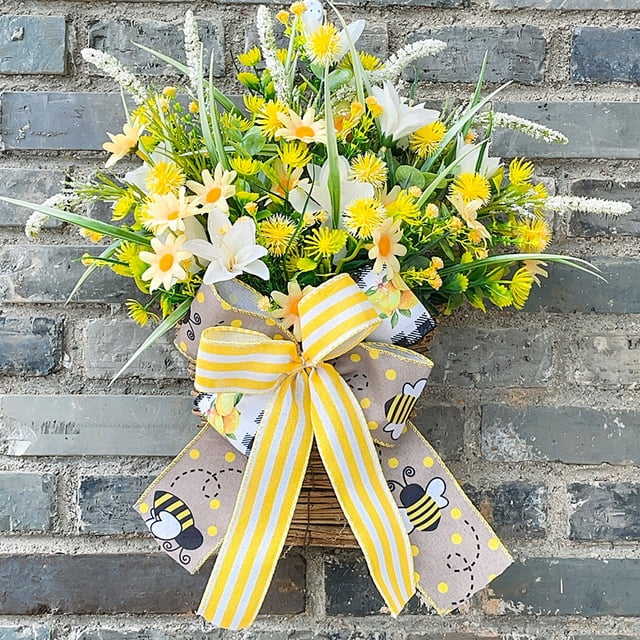 Spring Decor,15.75In Small Bow Flower Wreath Hanging Ornament Zero Maintenance Non-Fading Versatile Placement,Bright Cheerful Decor for Front Door Fireplace Living Room Wedding Hotel Decors