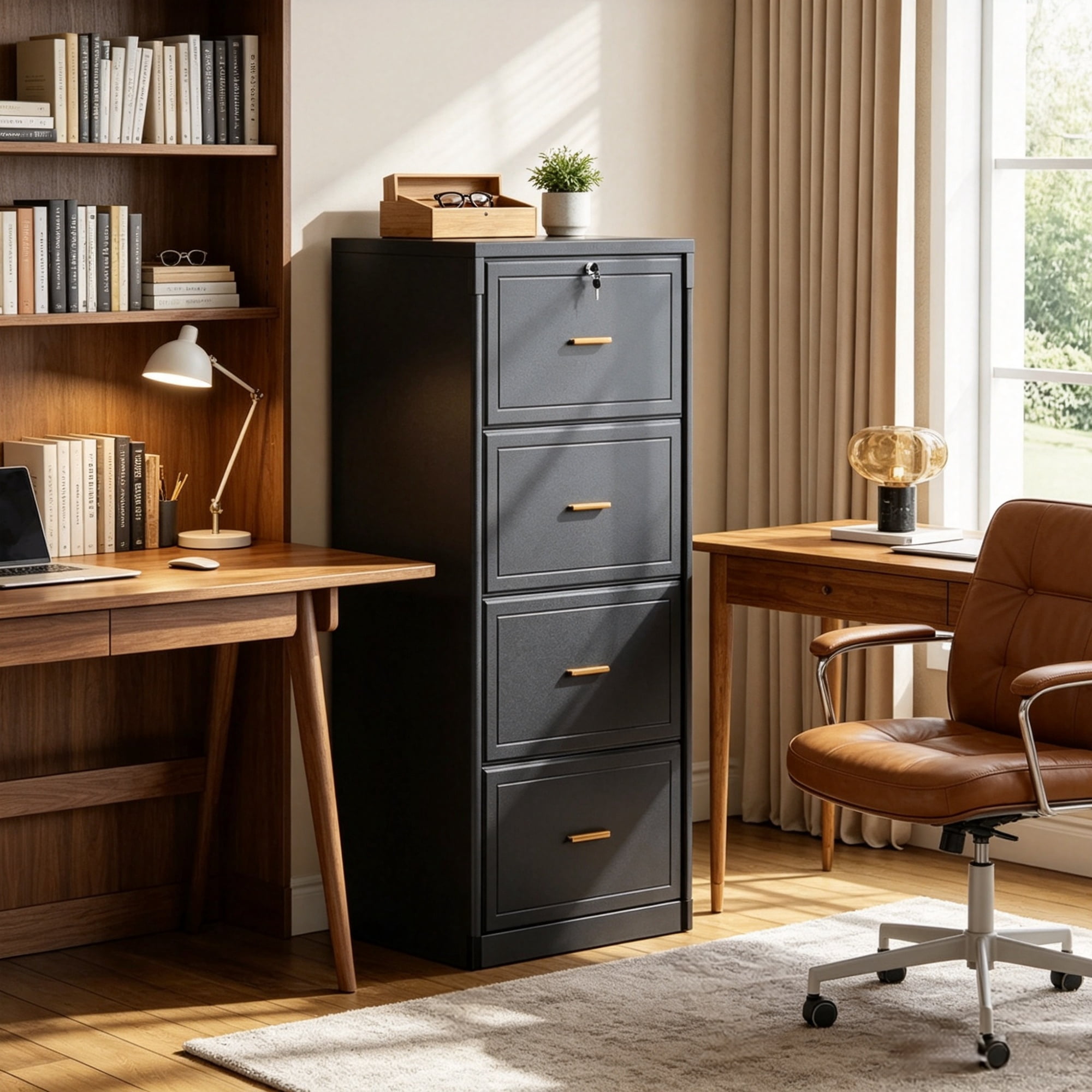 Astoutdoor 4-Drawer Vertical Filing Cabinet, MDF, 54.92 in Long, Black Linen Finish