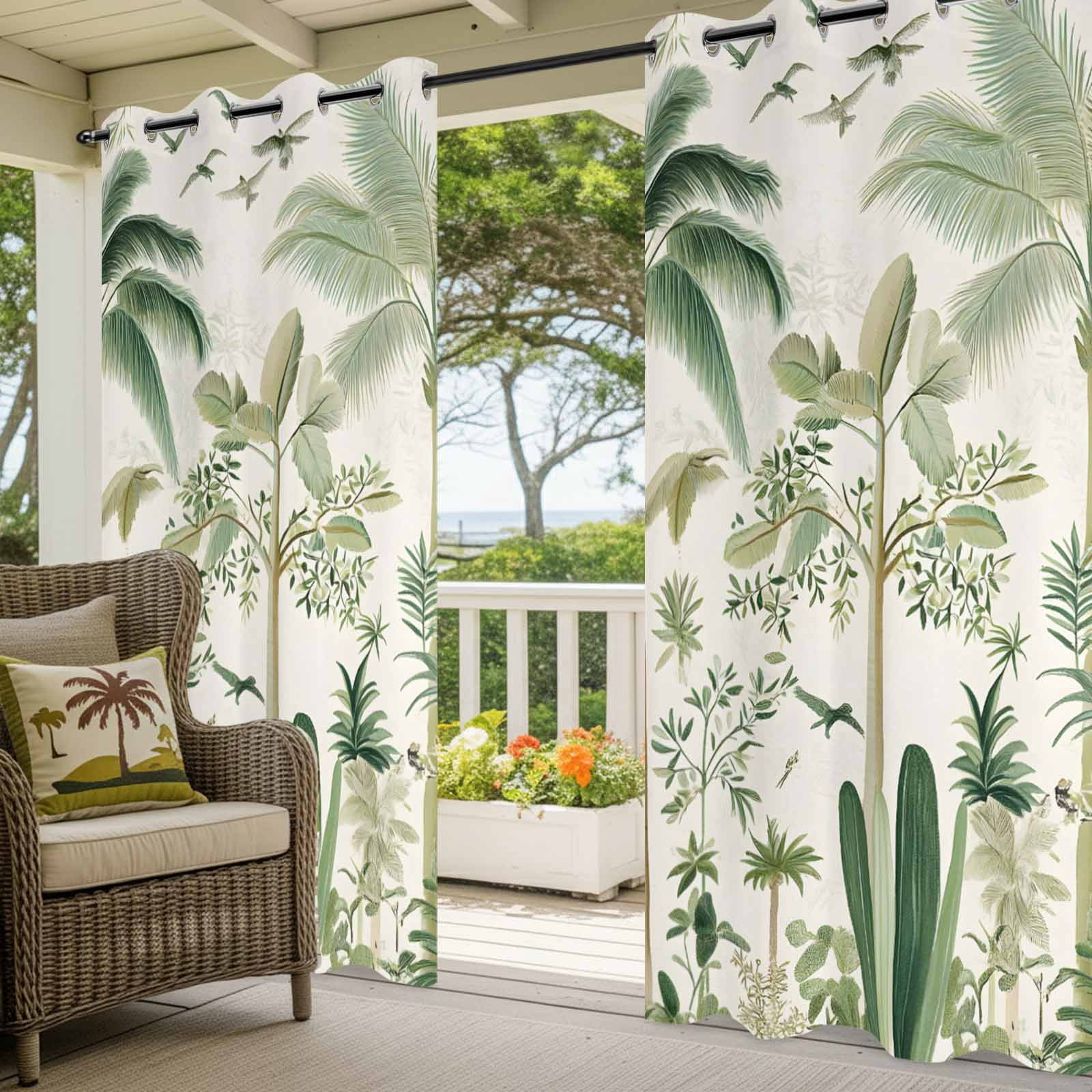 Green Palm Tree Outdoor Curtains for Patio Waterproof, Windproof Privacy Curtains with Weighted Bottom, Summer Beach Cactus Outside Drapes for Picnic Garage Backyard Cabana 54"x84" 1 Panel