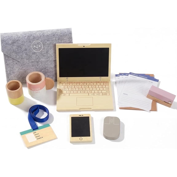 Woodenfun Pretend Play Home Office Set, 10 Piece with Wooden Toy Laptop & Phone for Ages 3 