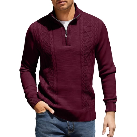 Mens Sweater Quarter Zip Pullover Casual Knit Cotton Long Sleeve Mock Neck Sweaters Wine L
