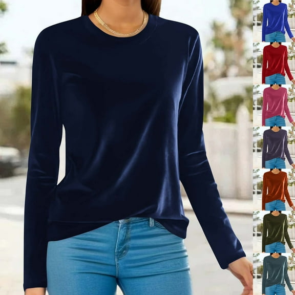 Fancifize Women's Soft Crewneck Top Velvet Long Sleeve Shirt Lightweight Casual Relaxed Fit Outfits Fashion Fall Clothes