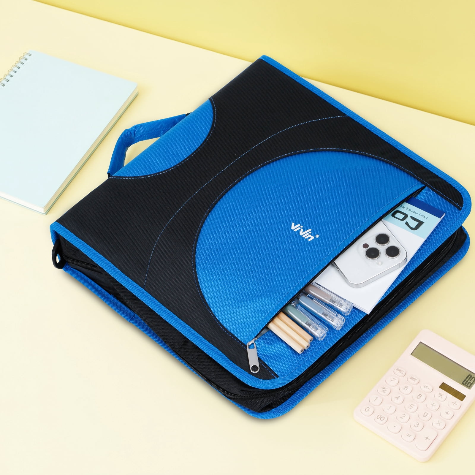 ViVin Zipper Binder 2 Inch O-Ring 450 Sheet Capacity, Multiple Tab and Zip Pockets, Office Supplies,Blue&Pink
