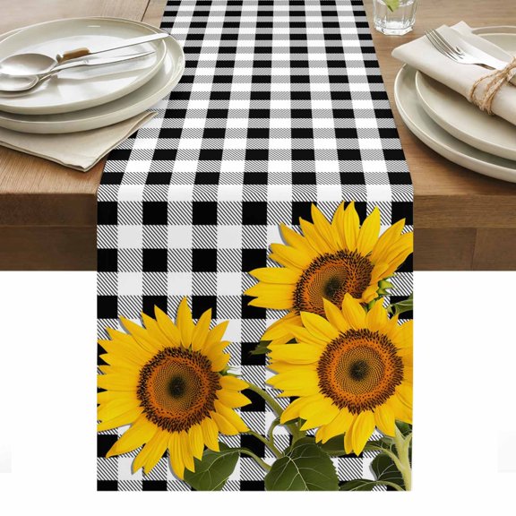 Sunflower Table Runner - 70 Inch Long, Kitchen Dining Table Runner Dresser Scarves, Yellow Spring Flora Summer Botanical Plaid Farmhouse Decor for Coffee Tables Wedding Party Banquet