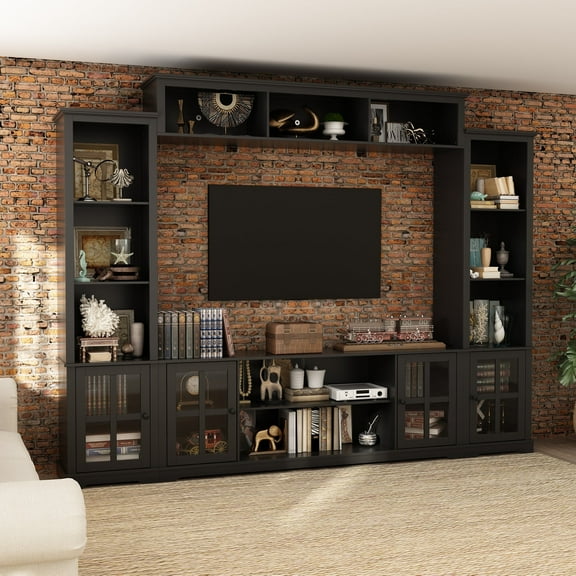 KULAGAGA Entertainment Center withHutch, Media Center with Storage and Glass Door for Living Room,Black