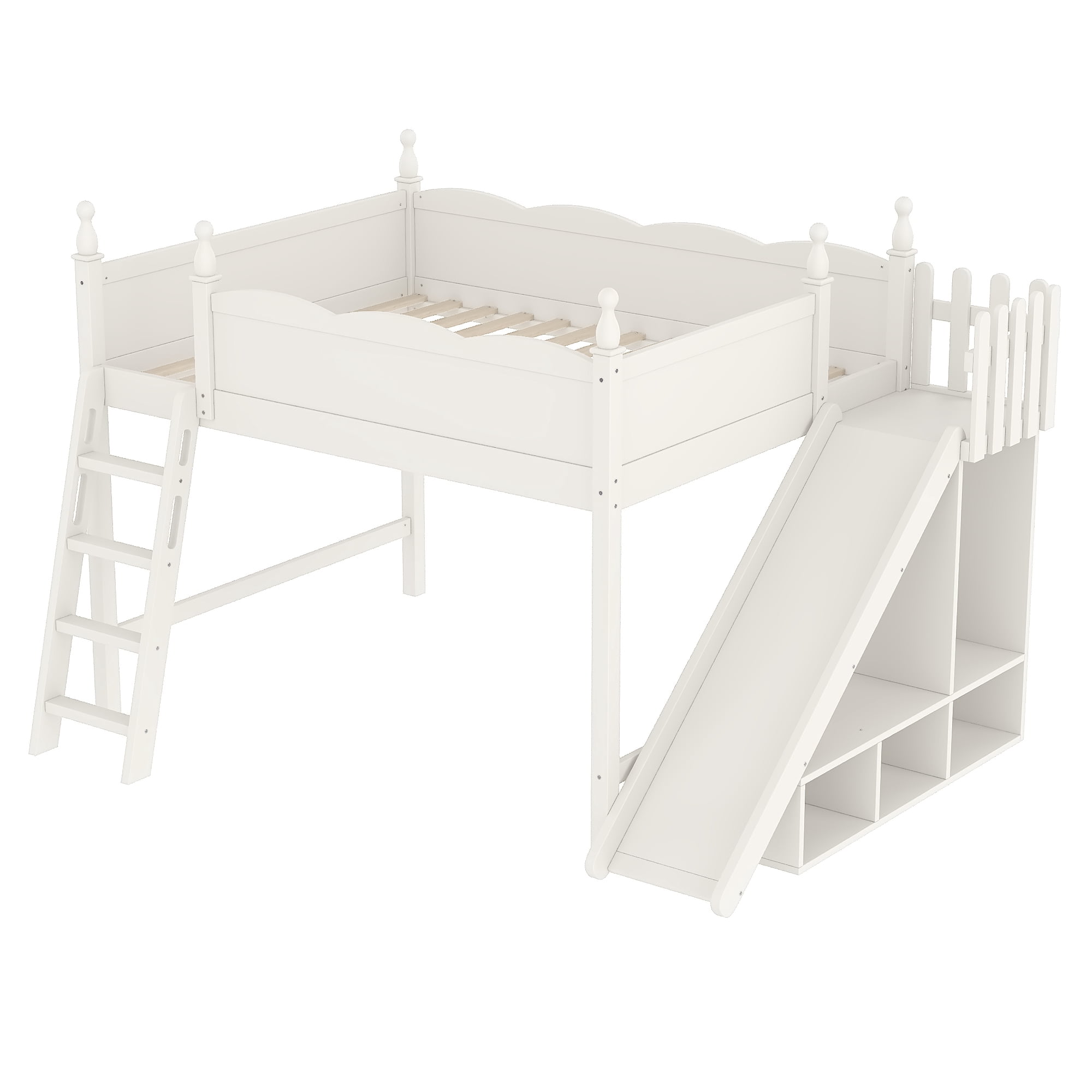 Leumius Queen Loft Bed Frame with Storage Shelves and Wardrobe, Solid Wood Loft Bed with Detachable Slide and Ladders for Kids Teens Adults Beige