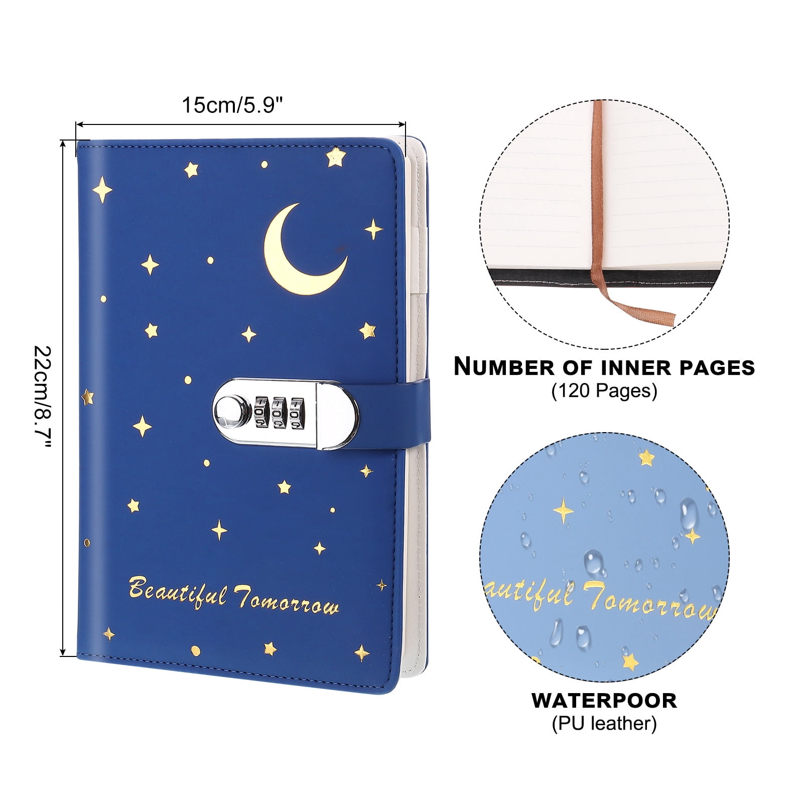 A5 Diary with Lock, Journal with Lock Cute Journaling Leather Notebook Journal Stars Moon Diary, Navy Blue